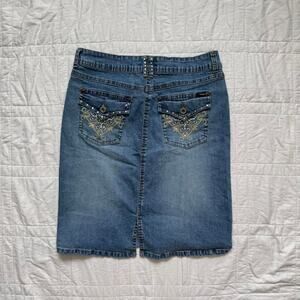 ANGELS Y2K Bedazzled Denim Midi Skirt Button Fly Size 9 Blue mcbling rhinestone